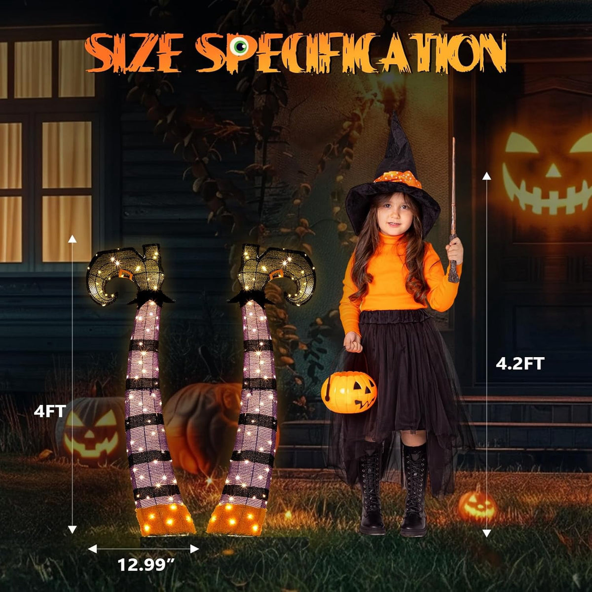 VINGLI 4FT Scary Lighted Halloween Decorations Outdoor, Pop Up Halloween Ghost Decorations, Light Up Ghost Decor with Pre-lit 135 LEDs, Cute Broom, Black Hat for Porch Yard Lawn Patio