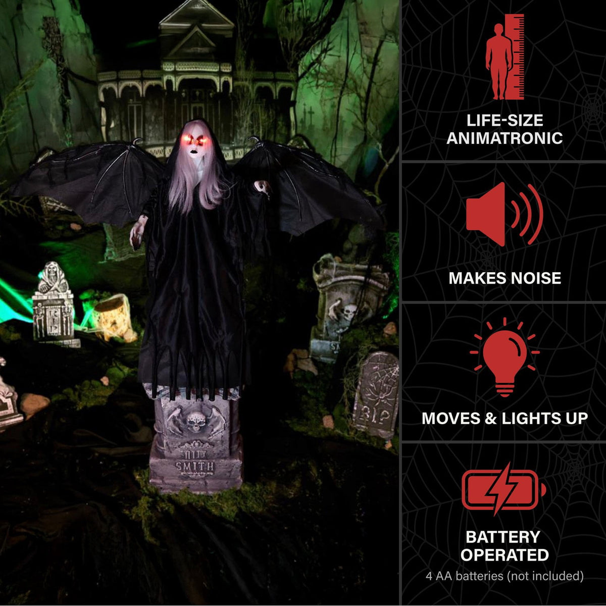 Haunted Hill Farm Red LED Battery Creepy Girl Tombstone with Wings Halloween Animatronic 3.1-Ft.