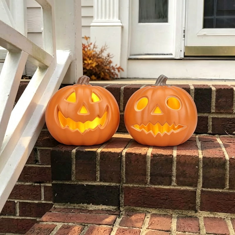 Active Mind Ltd 2-Piece LED Light-Up Halloween Pumpkin Set, Waterproof Indoor and Outdoor Jack-O'-Lantern Decor for Porch Party Haunted Trail