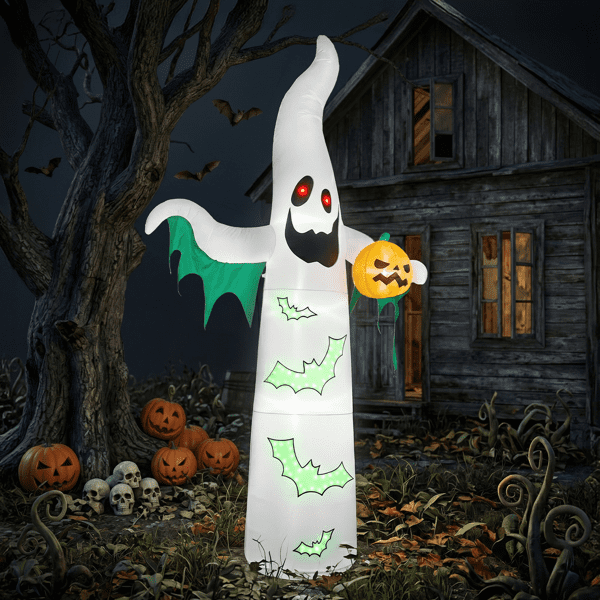 Alvantor 11.8 ft Ghost Halloween Inflatable with Pumpkin, 4 LED Lights and 82-Light Flashing Bat String, White and Green