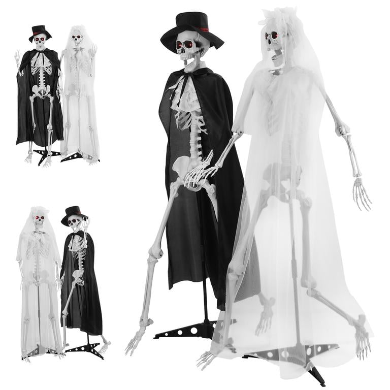 Floseru Halloween Skeleton Couple Life Size, Bride & Groom with Sound and Glowing Eyes, Poseable Joints, for Graveyard Scene Decoration