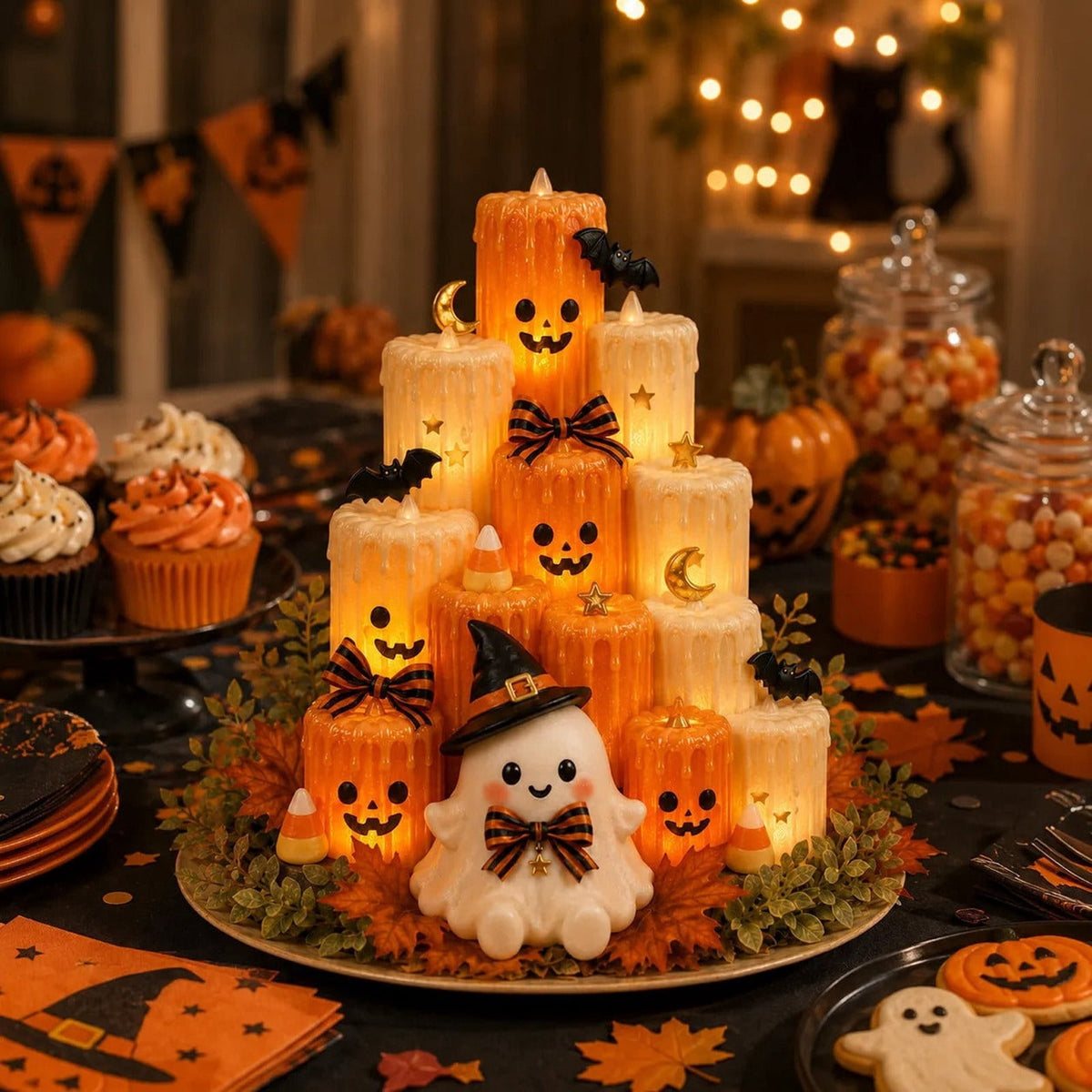 Gaecuw Halloween Ghost Pumpkin LED Candle 3D Printed Tiered Tabletop Decor for Spooky Mantel, Thanksgiving Centerpiece, Flickering Glow, Multicolor