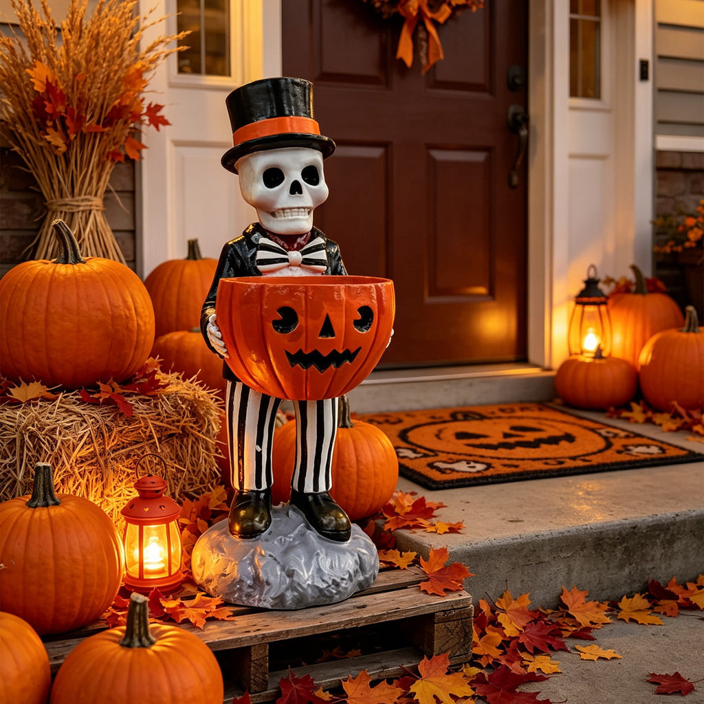 Halloween Decorations Skeleton Candy Bowl Statue Spooky Skull Top Hat Figurine Resin for Front Door Porch Mantel Entryway Table Home Party Decor