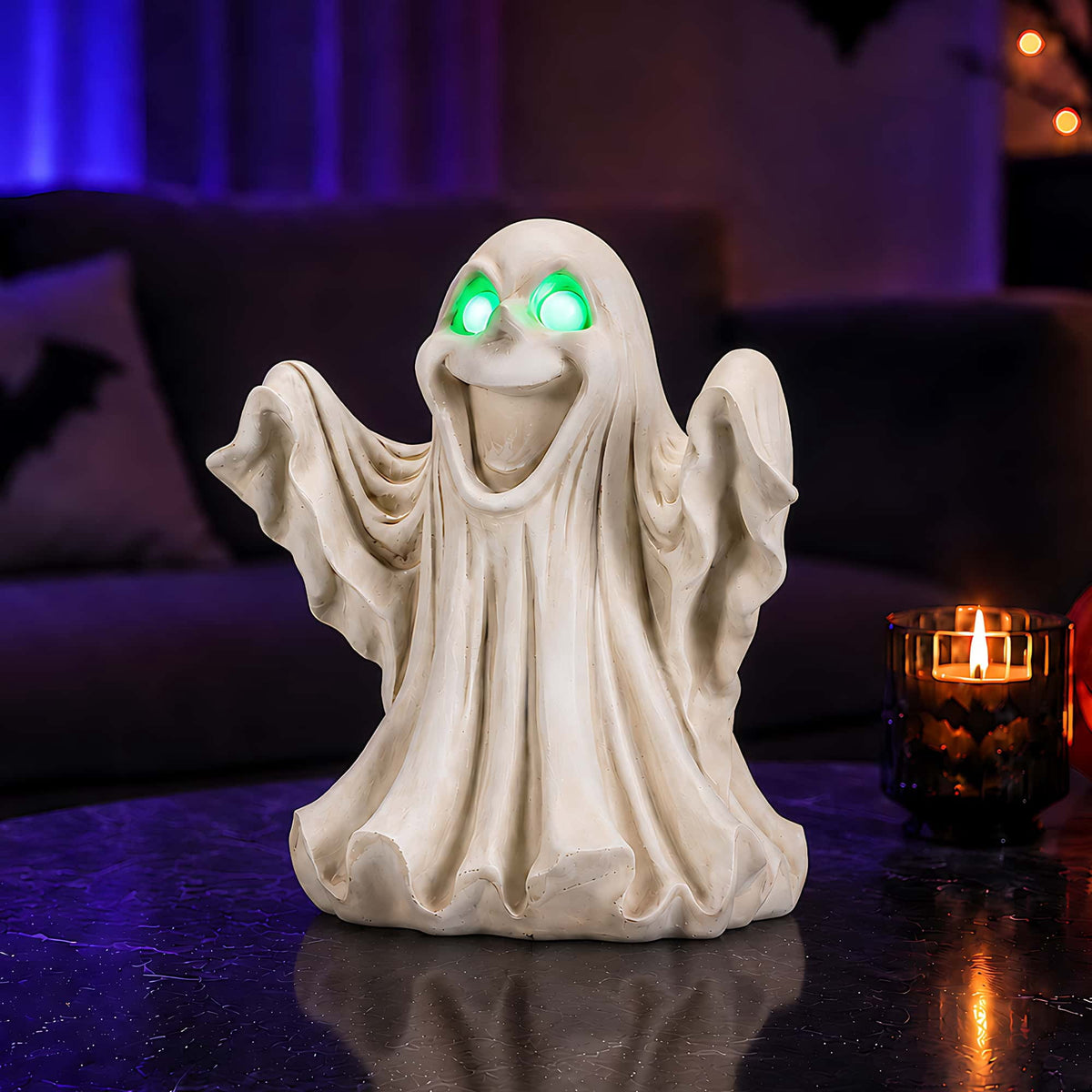 Halloween Ghost Statue with LED Glowing Eyes, Resin Ghost Figurine Tabletop Decor for Indoor Home, Mantel, Shelf, Entryway and Halloween Party Display