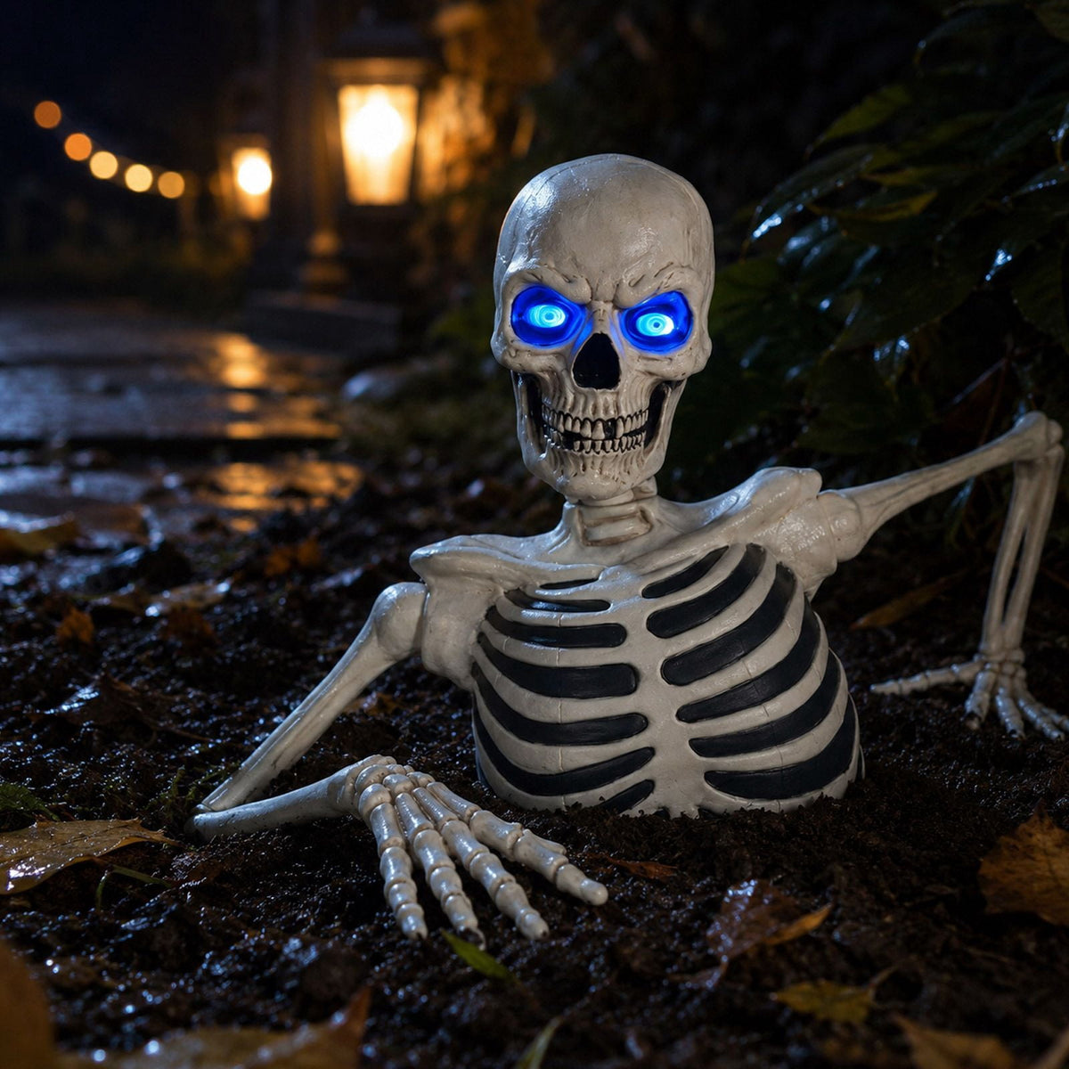 Halloween Giant Ground Breaking Skeleton with LCD Moving Eyes Halloween Dynamic Skeleton Decor Light-Up Ground Breaking Skeleton Scary Skull Stakes for Garden Lawn Holiday Decor