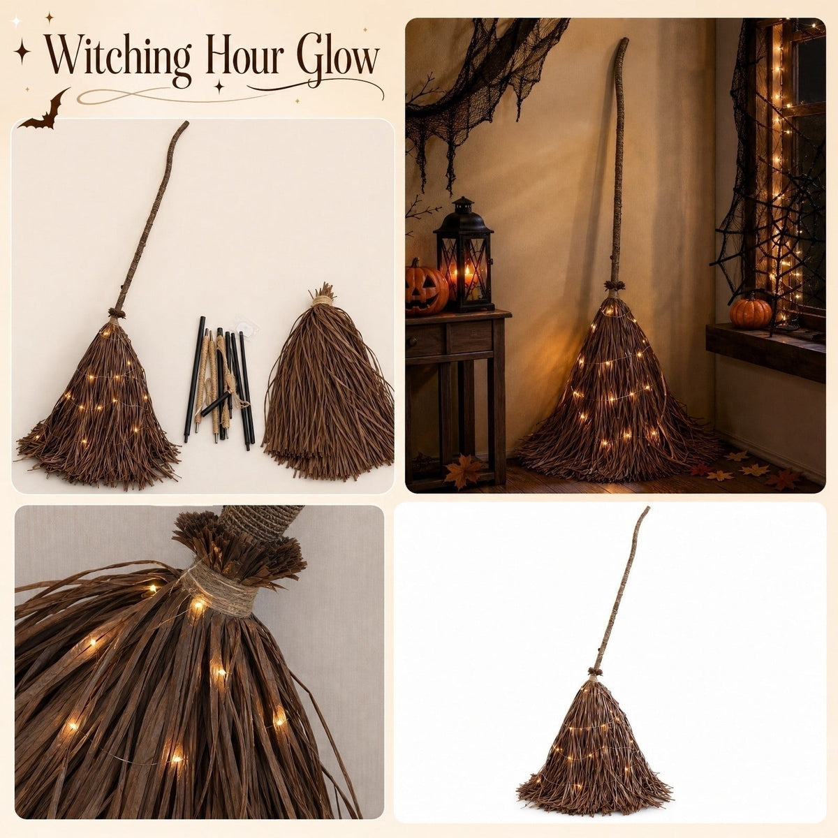 Halloween Light-Up Witch Decoration, Glowing Broomstick Prop with Built-in LED Lights, Sturdy Iron Frame for Indoor Outdoor Party Decor, Ready-to-Display Festive Accent for Haunted House