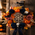 Halloween Skeleton Wreath, 20 Inch Gothic Skull Gentleman Wreath with Top Hat and Black Web for Front Door, Spooky Halloween Door Hanging Decor for Porch Mantel Window Party Display
