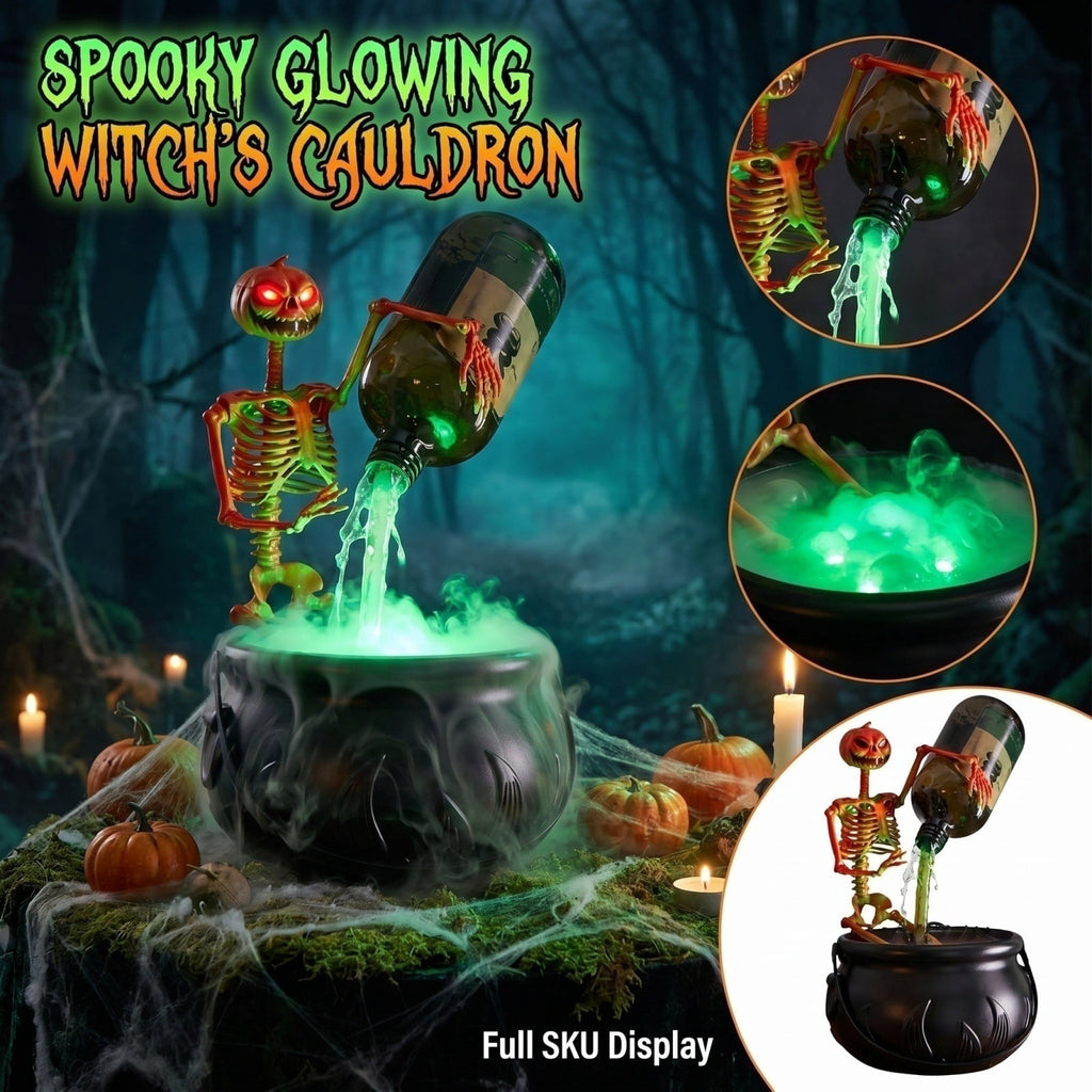Halloween Witch Cauldron Fogger with LED Light, Floating Potion Bottle and Skeleton Figurine, USB Mist Maker Tabletop Party Prop for Indoor Home Decor and Haunted House Display