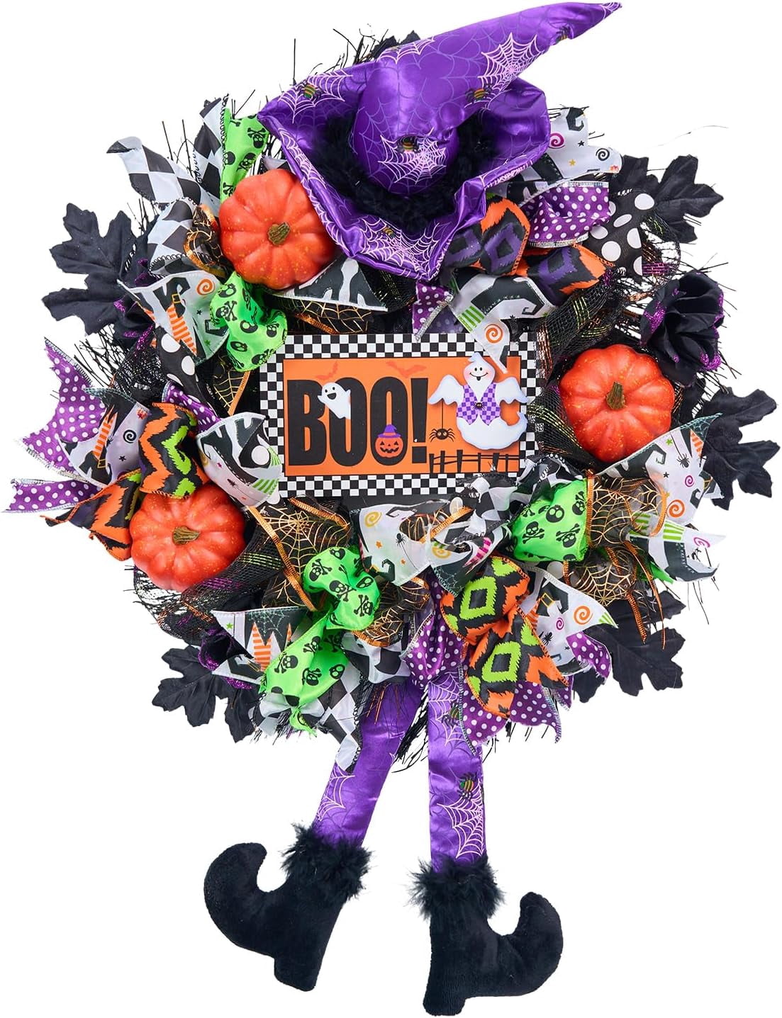 Halloween Wreath for Front Door,20 inch Whimsical mesh Wreath with Witch | Fun whimsical witch design,purple‑green‑orange palette,outdoor porch,wall & indoor decor,festive Halloween home decoration
