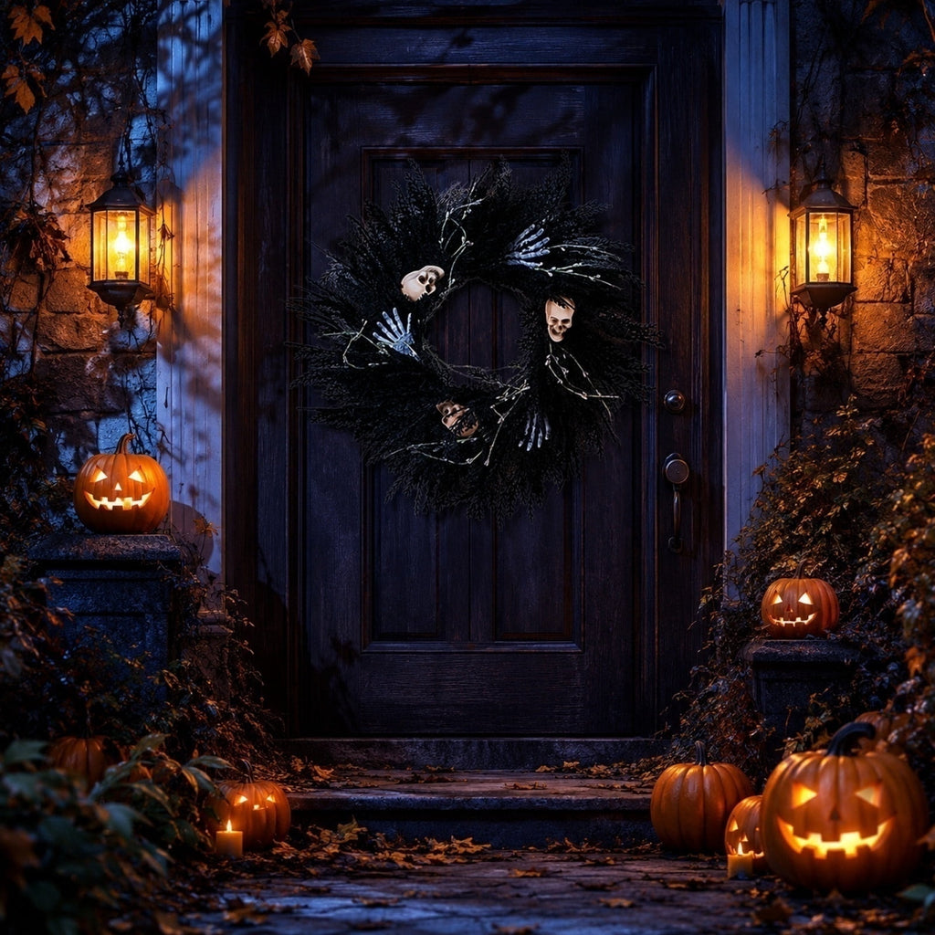 Halloween Wreath Skull Skeleton Hands Black Gothic Front Door Decor 18 Inch