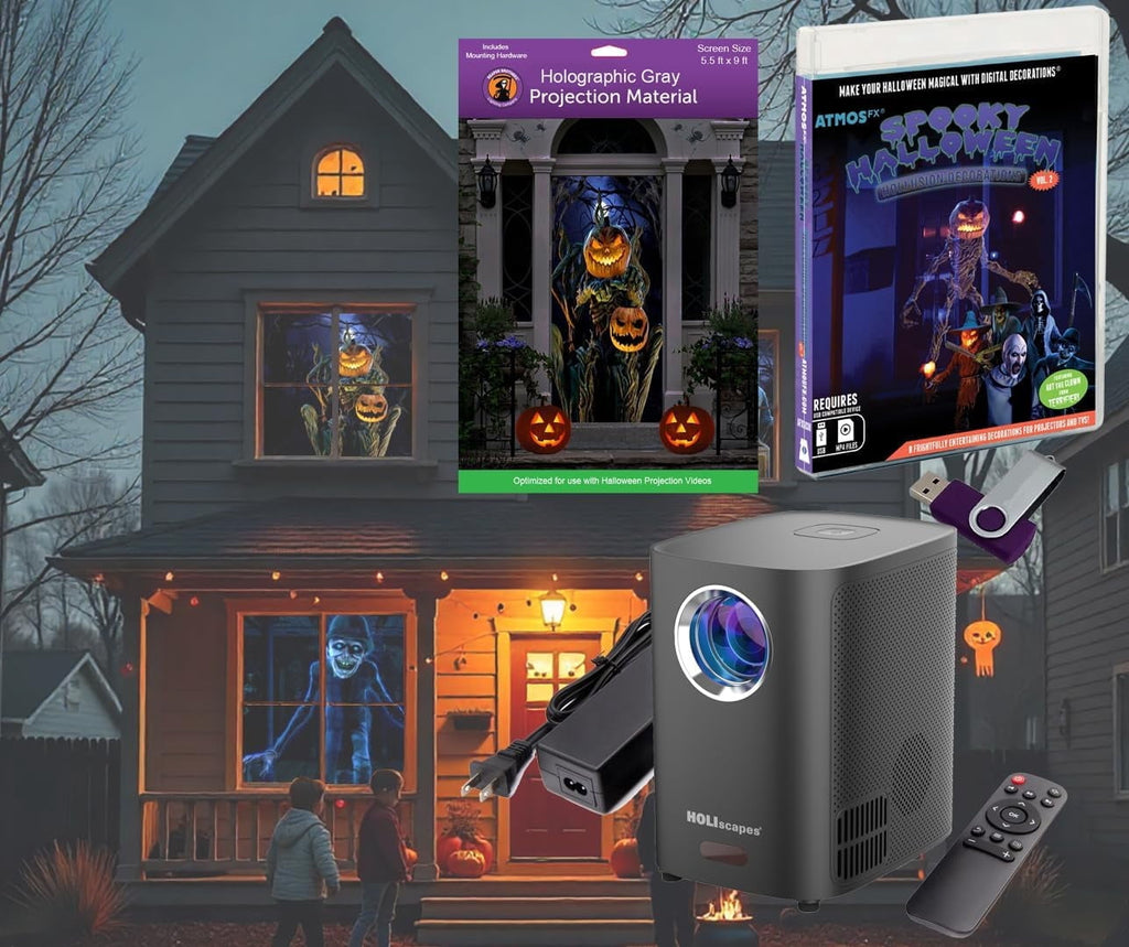 HoliScapes USB Projector Kit - AtmosFx Spooky Halloween Hollusion Vol 2 on USB + Projector + 5 ft x 9 ft Holographic Screen
