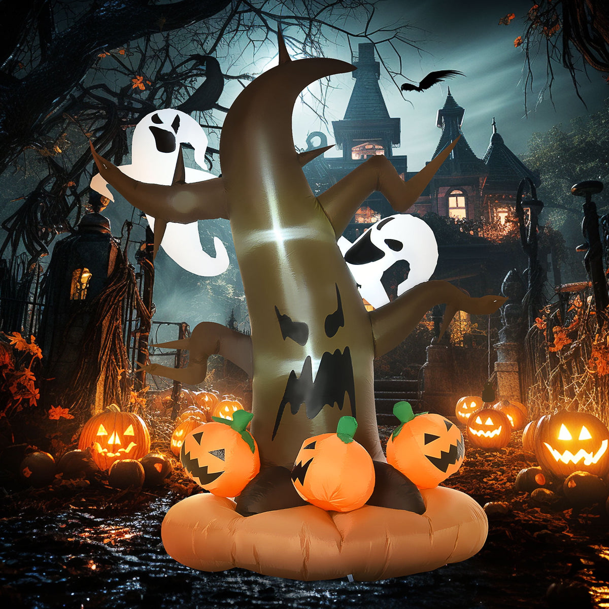 HOMCOM 7.5' Tall Lighted Halloween Inflatables Outdoor Decorations Haunted Tree With Owl, Ghost, Pumpkins, Blow Up LED Yard Decor for Garden, Lawn, Party, Holiday, Waterproof