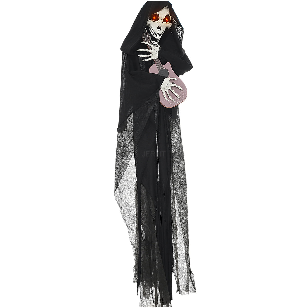 JERFIT Halloween Animatronic Grim Reaper Prop with Motion Sound Activation, Light Up Eyes and Guitar Music for Scary Outdoor Indoor Decor