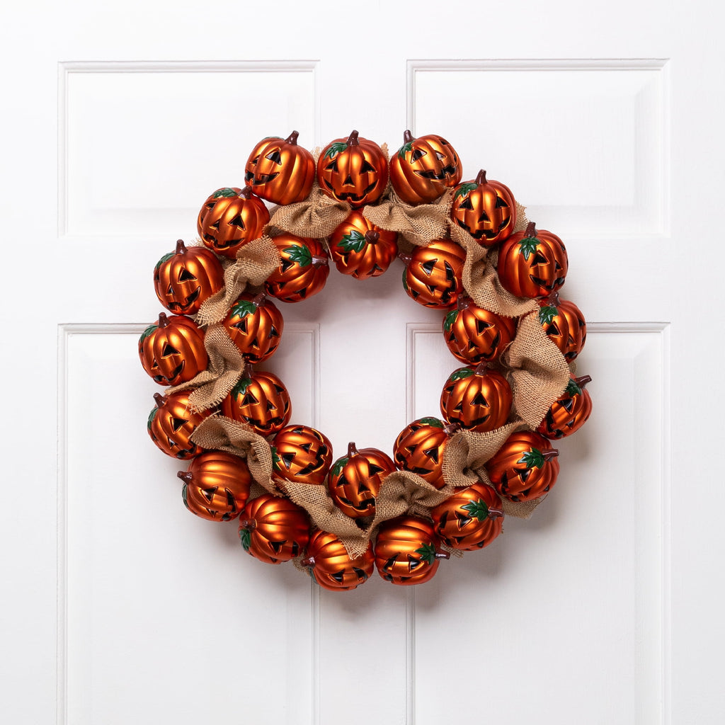 Northlight Jack-O-Lanterns with Burlap Ribbon Small Artificial Halloween Wreath - 20" - Unlit