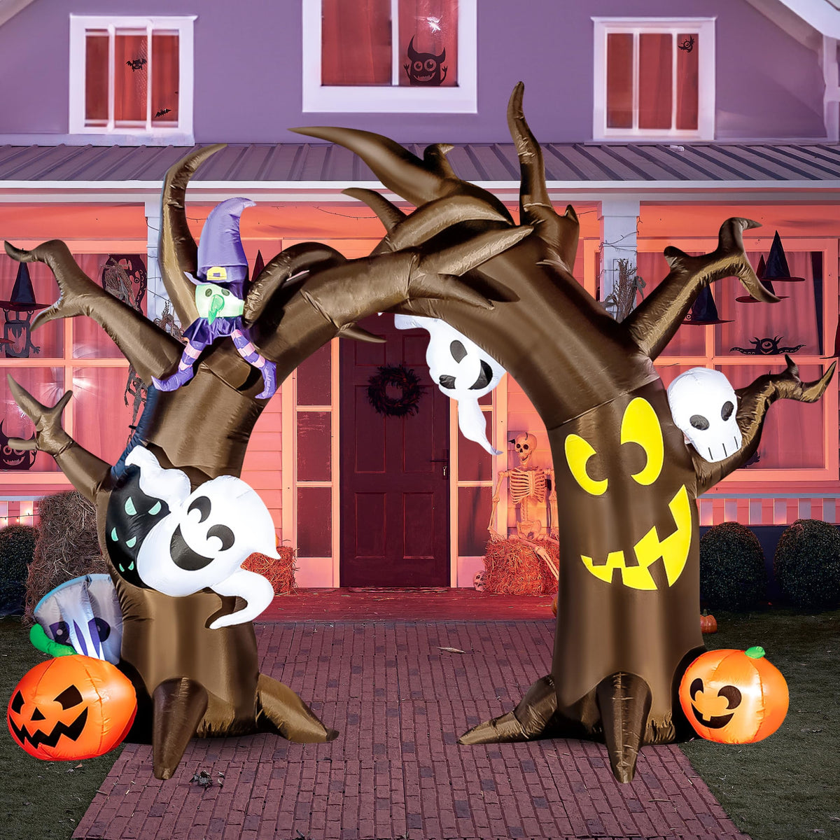 Joiedomi Halloween Inflatable 10 FT Tall Tree Archway with Skulls and Characters, Inflatable Pumpkin and Ghost with Build-in LEDs Blow Up Inflatables for Halloween Party Outdoor Yard Lawn Garden Decor