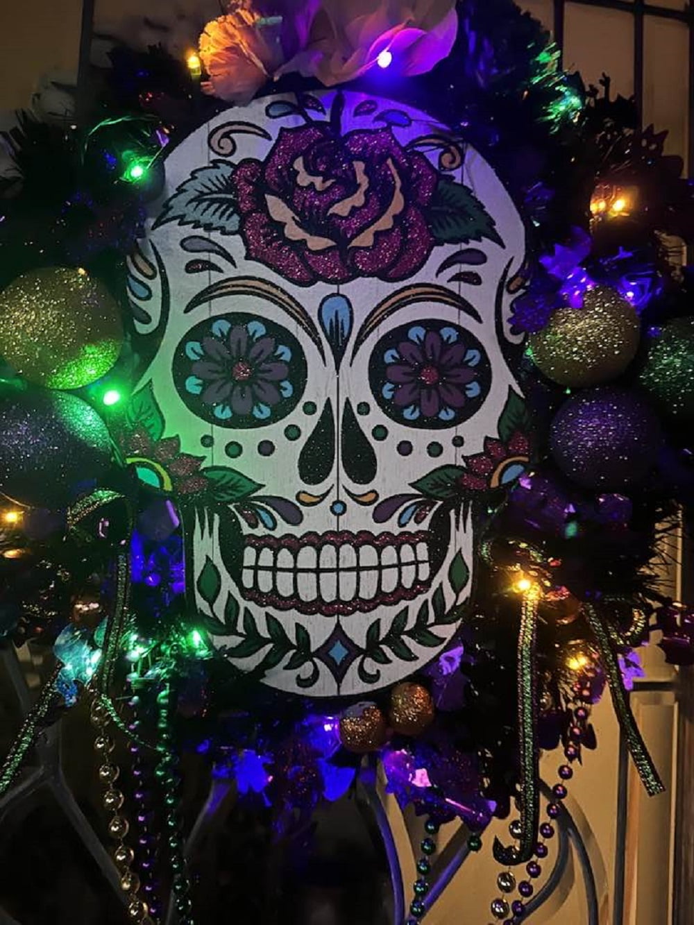 LED LIGHTED Halloween Dia De Los Muertos wreath Day of the Dead Sugar Skull