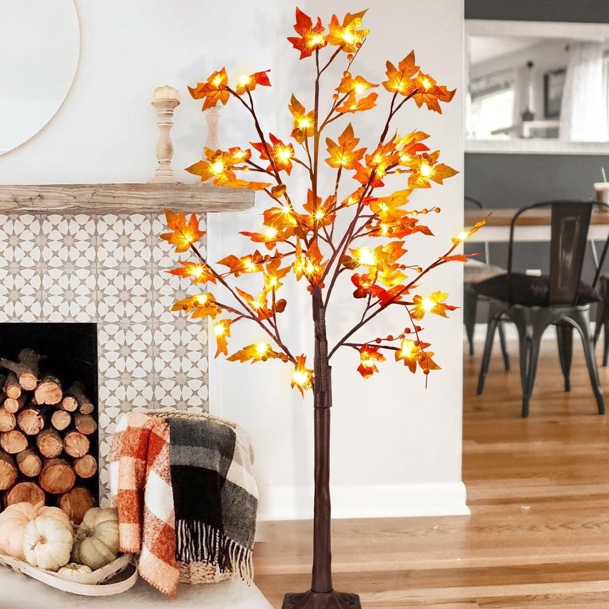 2 Pack LED Lighted Maple Tree, 5 FT Lighted Artificial Tree for Thanksgiving Harvest Fall Festival Halloween Home Party Decoration