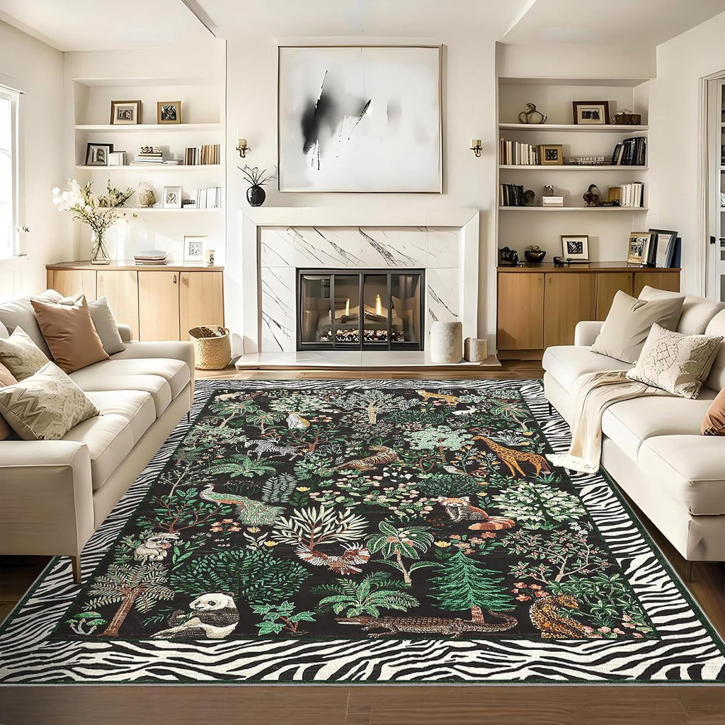 Large Jungle Animal Living Room Rug 10x13 Washable Forest Indoor Rugs for Bedroom Non Slip Foldable Low Pile Modern Floor Mat Stain-Resistant Neutral Carpet for Kids Playroom Dorm Nursery Black