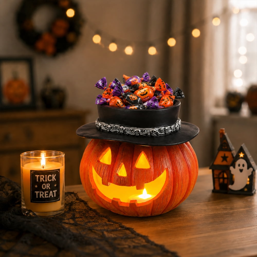Light Up Pumpkin Candy Bowl with Witch Hat, LED Jack O Lantern Tabletop Decor, Spooky Resin Storage Container for Home Halloween Party