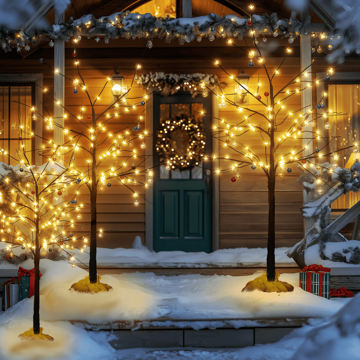 LinkRomat 3-Piece 4ft–6ft Pre-Lit Birch Christmas Tree Set with 200 LED Lights and 24 Ornaments, Christmas Decorations for Indoor Outdoor Home, Black