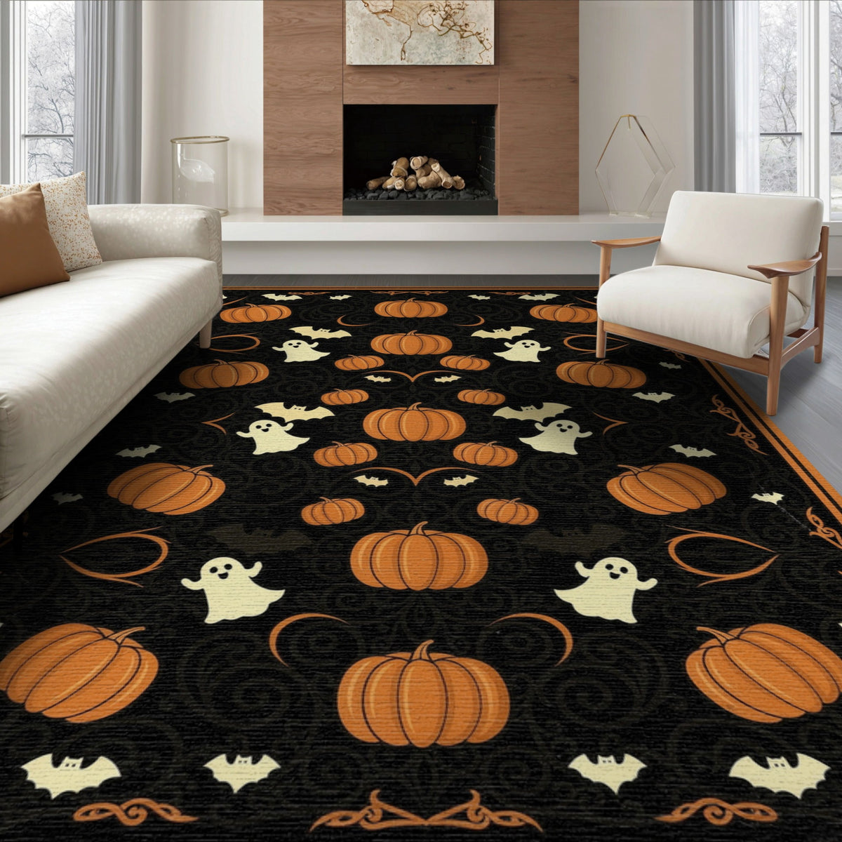 ODIKA 8'x10' Washable Area Rug Halloween Harvest Spirits Grinning Lantern Entrance Doormat Door for Living Room, Under Sectional, Family , Durable, Non-Slip
