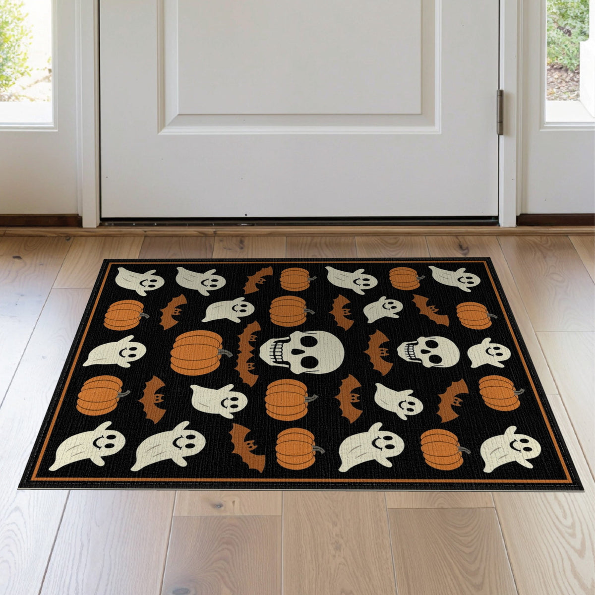 ODIKA Retro Halloween Welcome Featuring Ghosts Pumpkins Bats Skulls Non-Slip Flatwoven for Living Room, Under Sectional, Family