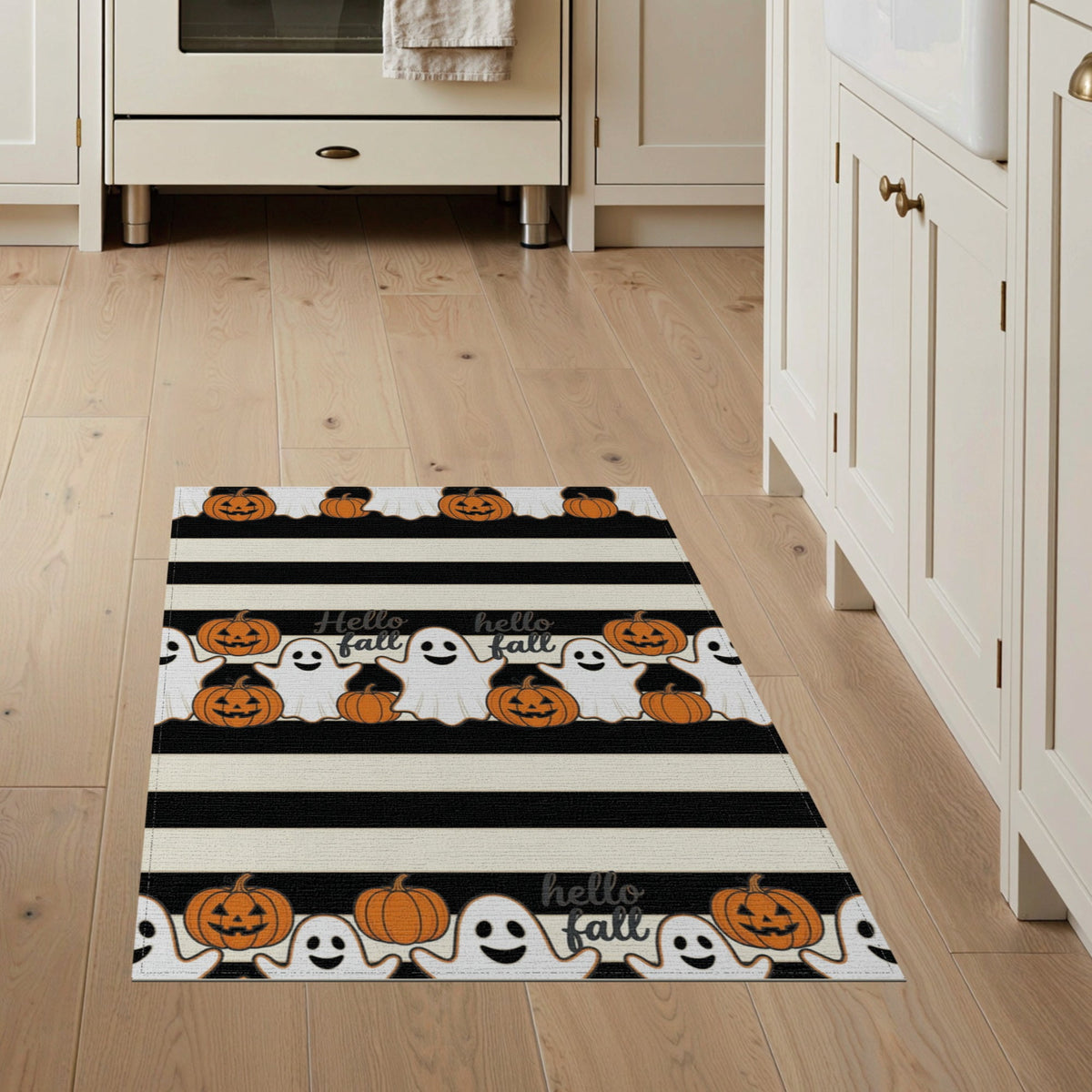 ODIKA Halloween Spooky Pumpkin Phantom Striped Entrance Door Doormat for Playroom, Bedroom, Reading Nook, Pet Friendly & Kids Safe Play