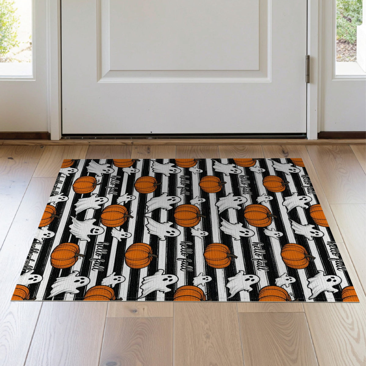 ODIKA Halloween Spooky Pumpkin Phantom Striped Entrance Door Doormat for Playroom, Bedroom, Reading Nook, Pet Friendly & Kids Safe Play