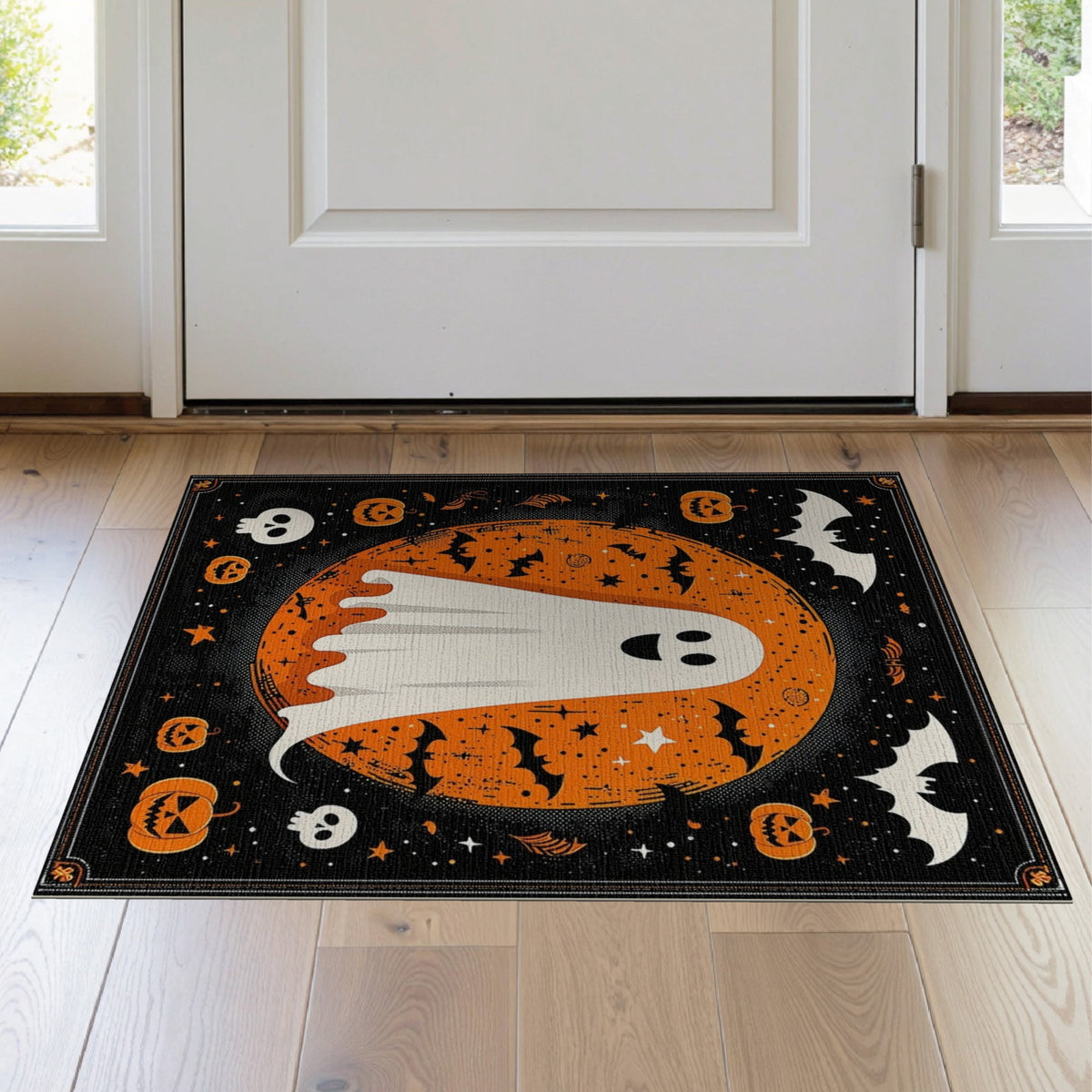 ODIKA Halloween Ghost Pumpkin Bat Skull Welcome Doormat Fiber Door for Dorm Room, Small Living Apartment, Stain Resistant Low Profile