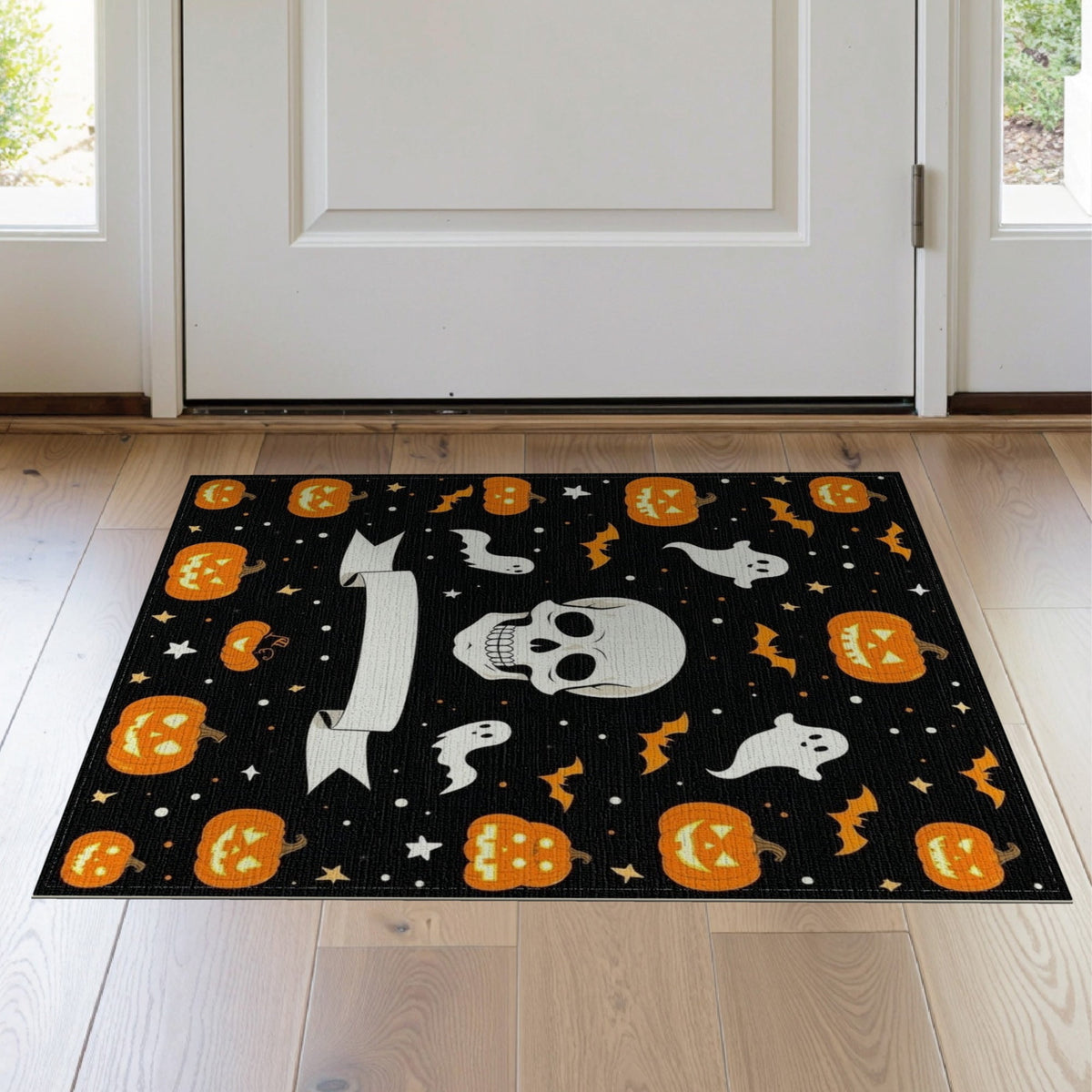 ODIKA Halloween Ghost Pumpkin Bat Skull Welcome Doormat Fiber Door for Dorm Room, Small Living Apartment, Stain Resistant Low Profile