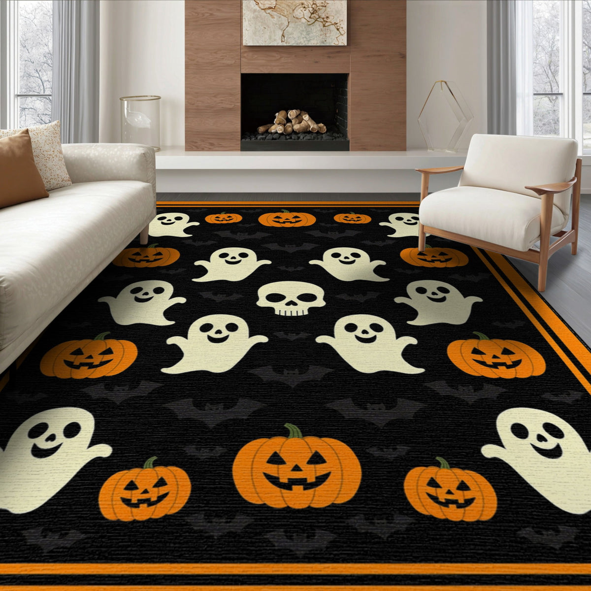 ODIKA 8'x10' Washable Area Rug Halloween Harvest Spirits Grinning Lantern Entrance Doormat Door for Living Room, Under Sectional, Family , Durable, Non-Slip