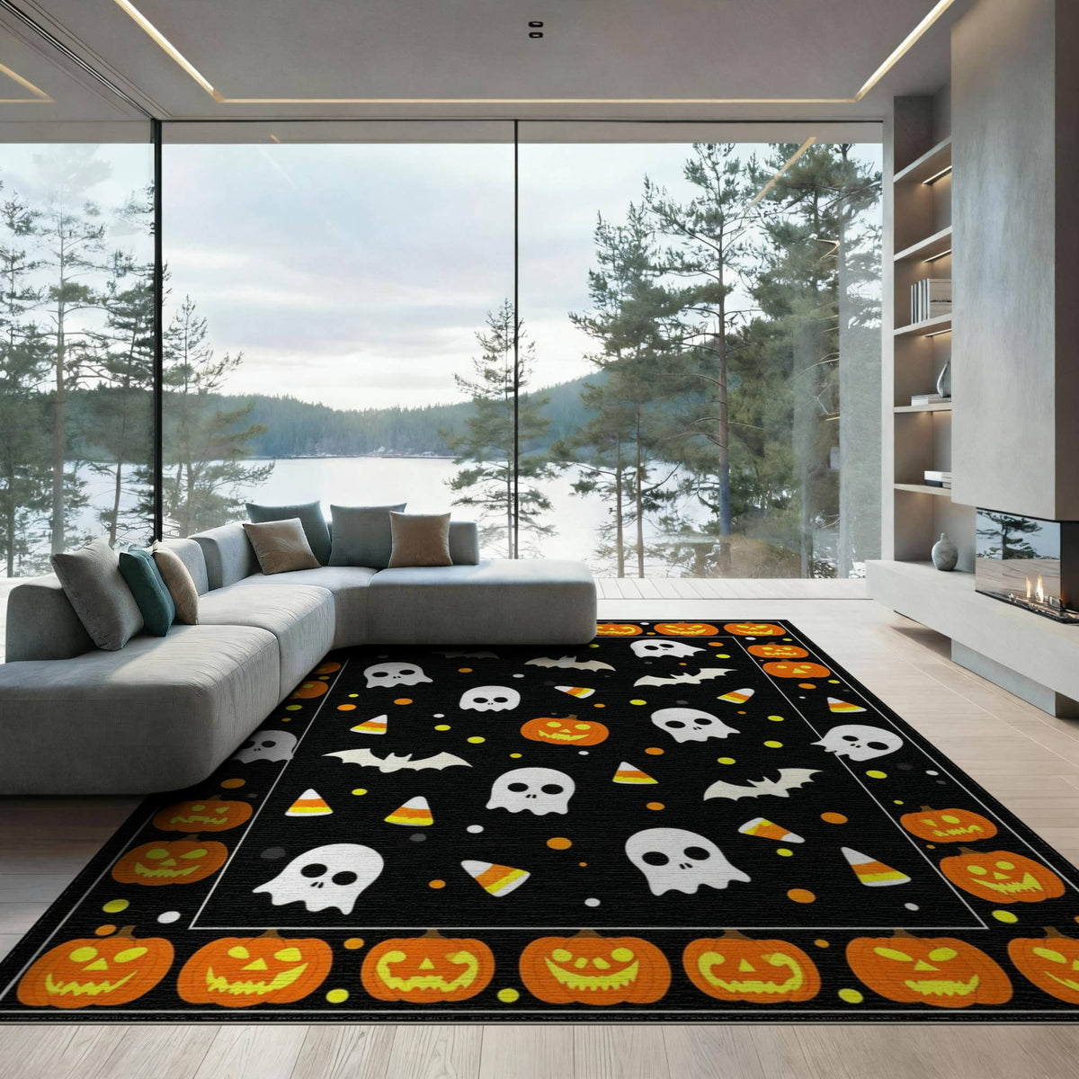 ODIKA Halloween Ghost Pumpkin Bat Skull Welcome Doormat Fiber Door for Dorm Room, Small Living Apartment, Stain Resistant Low Profile