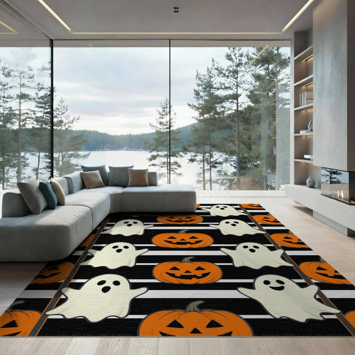 ODIKA Halloween Spooky Pumpkin Phantom Striped Entrance Door Doormat for Playroom, Bedroom, Reading Nook, Pet Friendly & Kids Safe Play