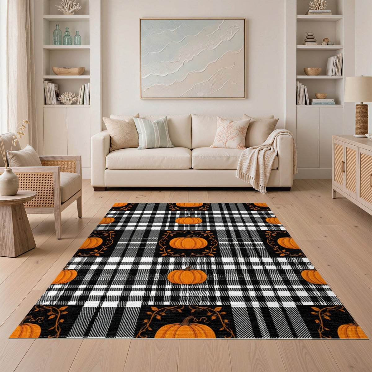 ODIKA Halloween Spooky Pumpkin Phantom Striped Entrance Door Doormat for Playroom, Bedroom, Reading Nook, Pet Friendly & Kids Safe Play