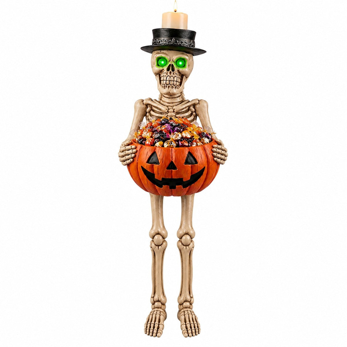 Skeleton Candy Bowl Light Up Green Eyes Top Hat Candle Holder