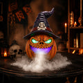 SpookHaven Halloween Jack‑O‑Lantern Pumpkin Mist Sprayer Figurine, LED Light‑Up Fogger with Witch Hat & Skull Decoration, Spooky Ornament for Tabletop Entryway Halloween Party Home Decor