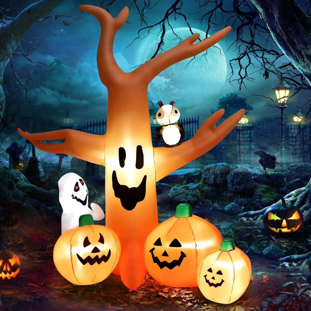 Topbuy 8FT Halloween Inflatable Decoration, Blow Up Dead Tree w/ Waterproof Air Blower Built-in LED Lights 2 Ropes & Stakes Holiday Decor w/ Ghost Owl Pumpkin for Yard Garden Lawn