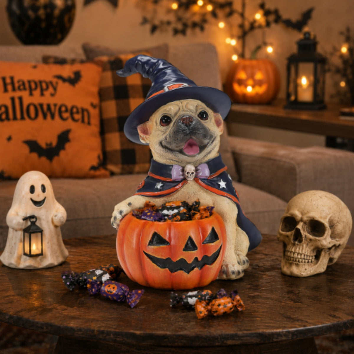 SpookHaven Halloween Jack‑O‑Lantern Pumpkin Mist Sprayer Figurine, LED Light‑Up Fogger with Witch Hat & Skull Decoration, Spooky Ornament for Tabletop Entryway Halloween Party Home Decor