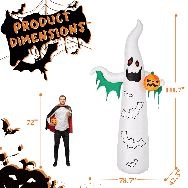 Alvantor 11.8 ft Ghost Halloween Inflatable with Pumpkin, 4 LED Lights and 82-Light Flashing Bat String, White and Green