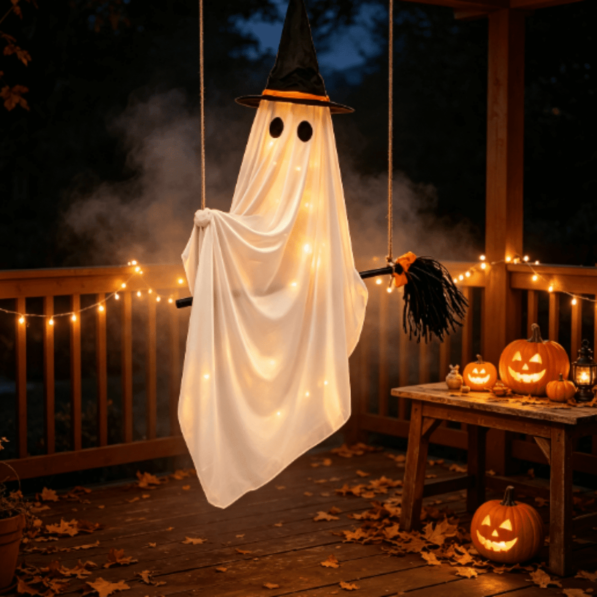 Halloween Decorations Outdoor, Lighted Hanging Ghost Decor with Witch Hat & Broom, LED Flying Ghost Decoration for Porch, Yard, Tree, Patio, Haunted House & Indoor Party 43.3in