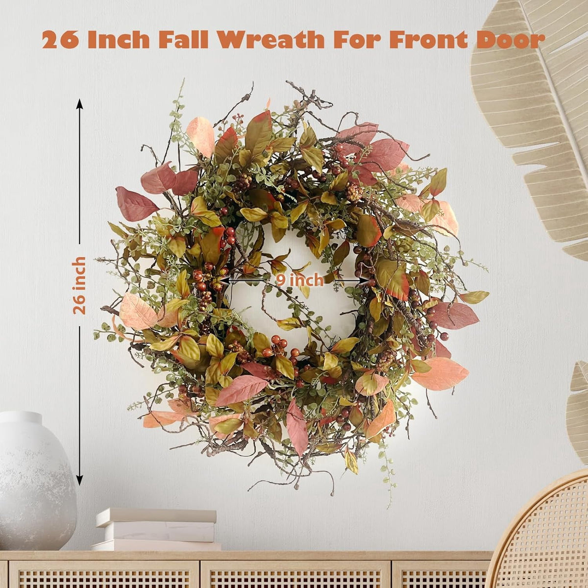 24 Inch Fall Wreath for Front Door with Large Grapevine, Orange Pip Berry Wreath for Fall Door Decor, Autumn Wreaths for Farmhouse Wall Window Home and Halloween Christmas Thanksgiving Decoration