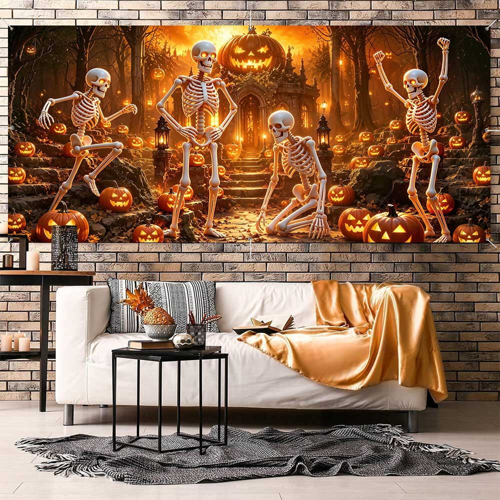 16X7ft Halloween Garage Door Cover Decorations, Spooky Skeletons Pumpkin Large Garage Wall Backdrop Hanging Banner for Halloween Yard Indoor Outdoor Party Decor