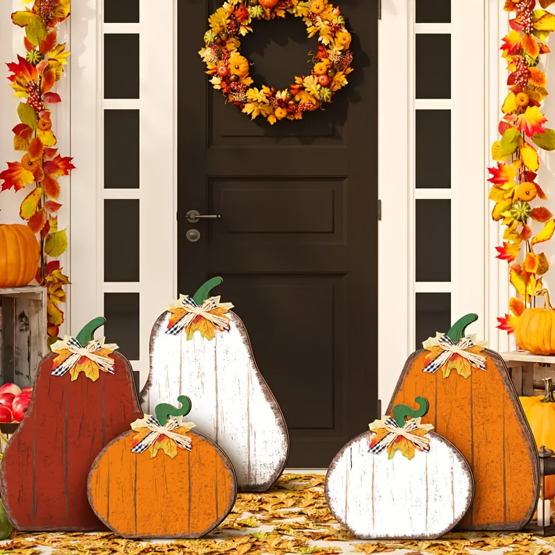 5pcs Large Farmhouse Fall Decorations - Rustic Wooden Standing Harvest Centerpieces with Pumpkin, White/Orange/Red/Brown/Beige - Artificial Wood Porch, Mantel, Table Decor for Thanksgiving, Halloween