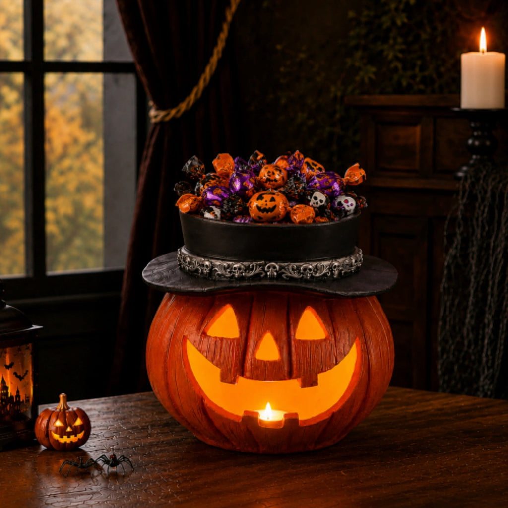 SpookHaven Halloween Jack‑O‑Lantern Pumpkin Mist Sprayer Figurine, LED Light‑Up Fogger with Witch Hat & Skull Decoration, Spooky Ornament for Tabletop Entryway Halloween Party Home Decor