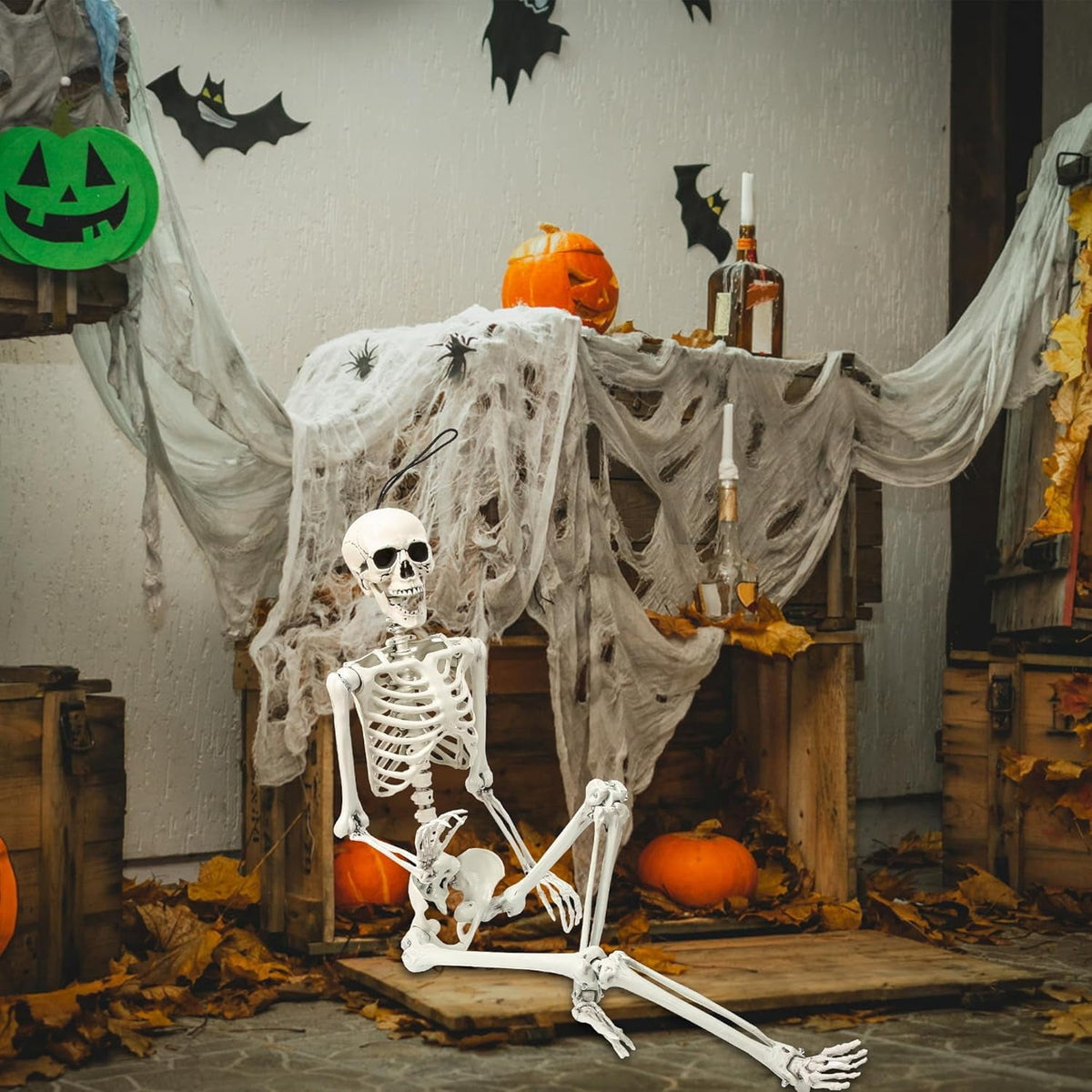 5.5ft Halloween Skeleton, Tall Outdoor Skeleton with Full Body Posable Joints, Scary Plastic Large Skeleton for Halloween Haunted House Spooky Scene Decorations