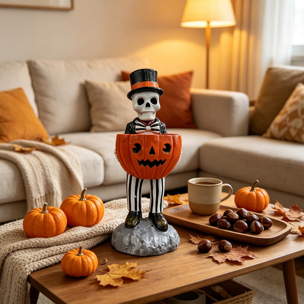 Halloween Decorations Skeleton Candy Bowl Statue Spooky Skull Top Hat Figurine Resin for Front Door Porch Mantel Entryway Table Home Party Decor