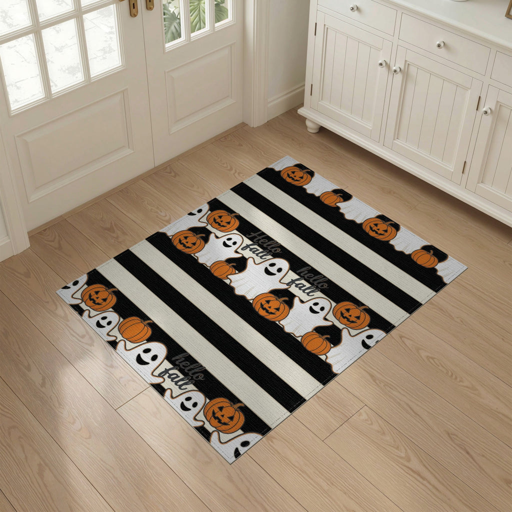 ODIKA Halloween Spooky Pumpkin Phantom Striped Entrance Door Doormat for Playroom, Bedroom, Reading Nook, Pet Friendly & Kids Safe Play