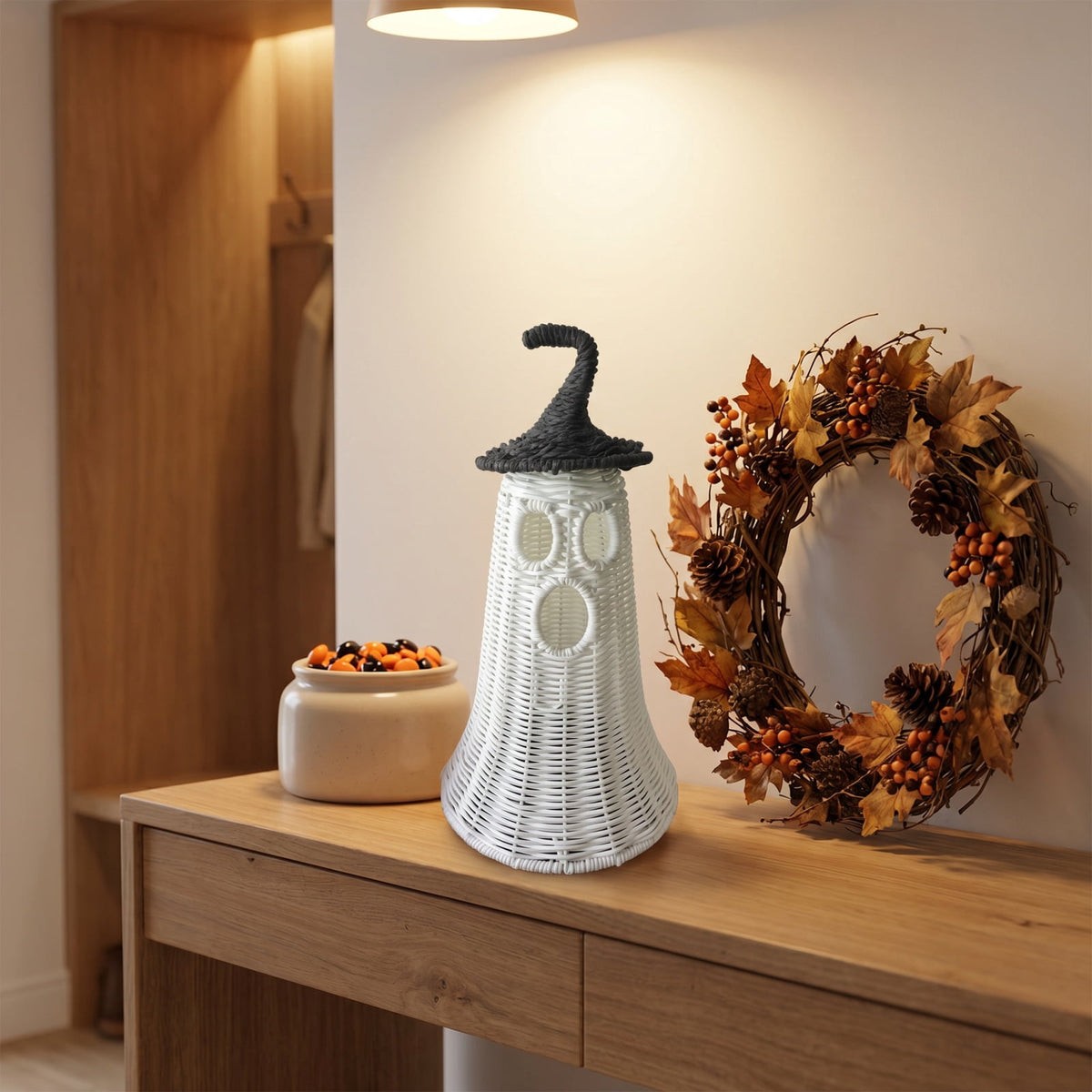 Wicker Ghost Halloween Decor with Witch Hat, Spooky Farmhouse Fall Tabletop Ornament, Hollow Handwoven White Ghost Figurine, Light Up Rustic Home Mantel Shelf Decor for Autumn Halloween Party