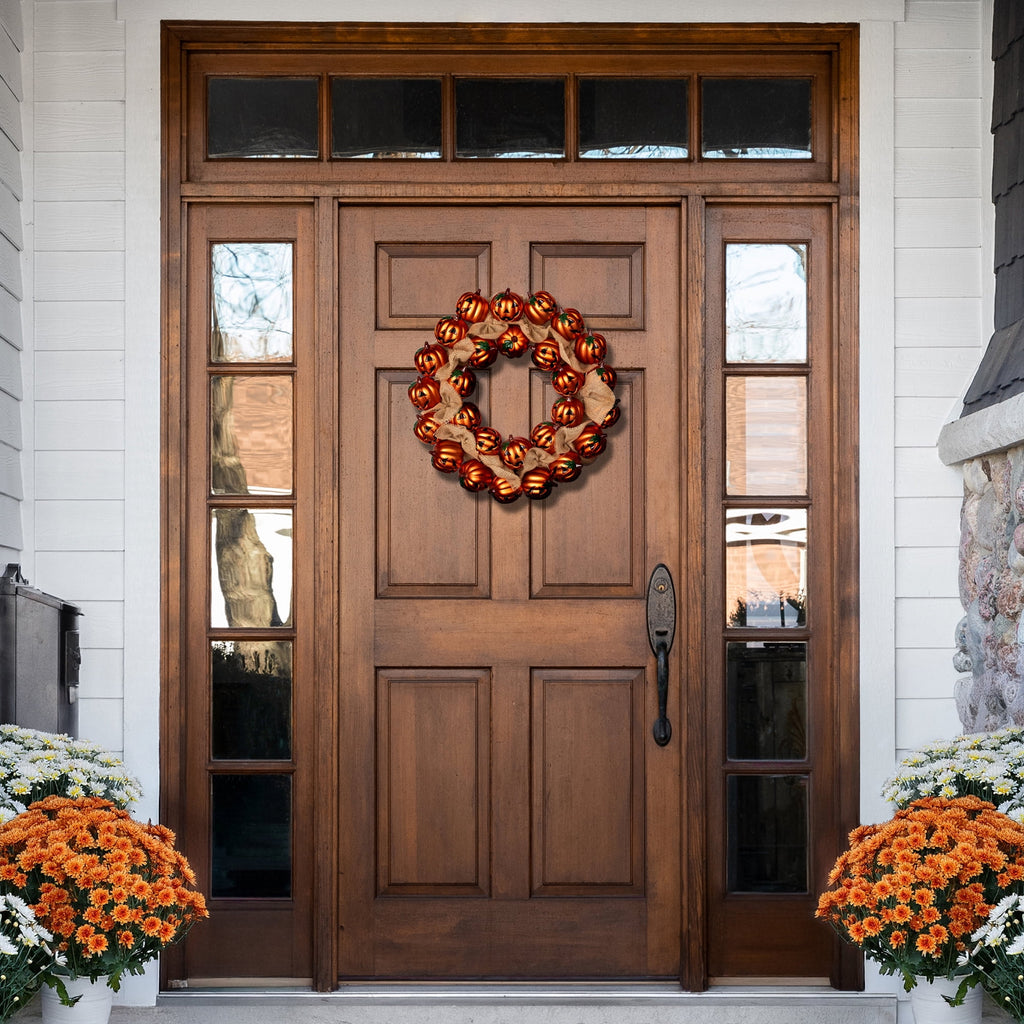 Northlight Jack-O-Lanterns with Burlap Ribbon Small Artificial Halloween Wreath - 20" - Unlit