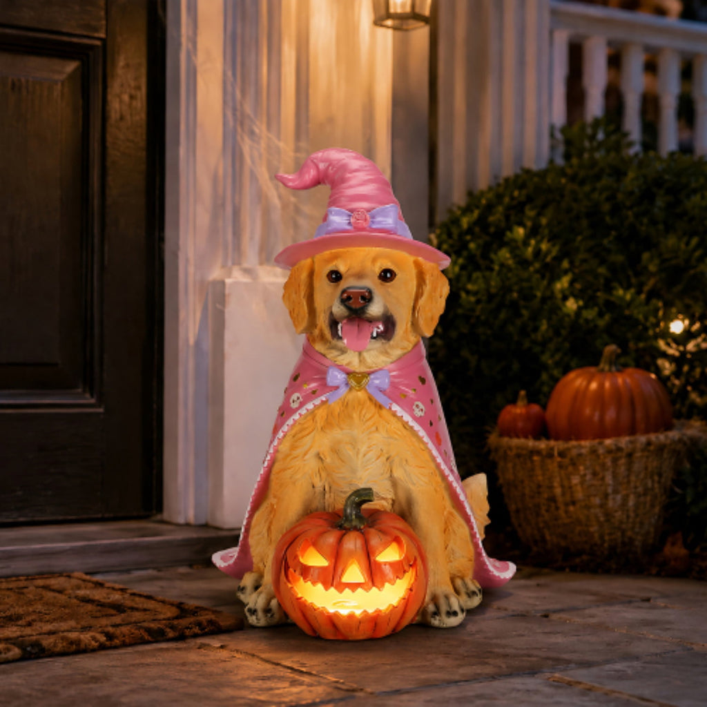 SpookHaven Halloween Jack‑O‑Lantern Pumpkin Mist Sprayer Figurine, LED Light‑Up Fogger with Witch Hat & Skull Decoration, Spooky Ornament for Tabletop Entryway Halloween Party Home Decor